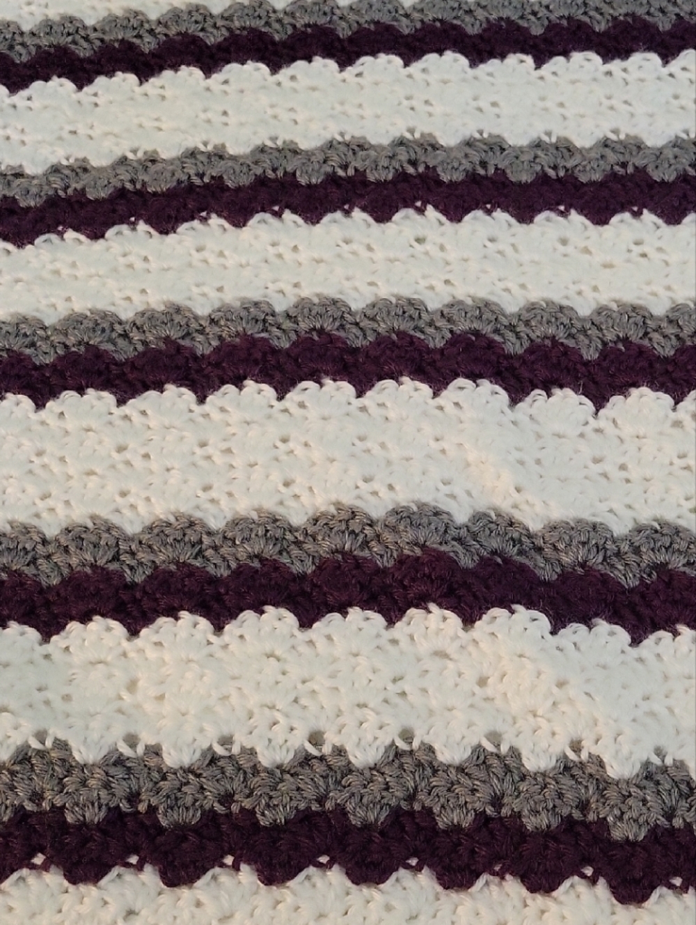 Hand Crafted White, Gray & Plum Striped Crochet Throw